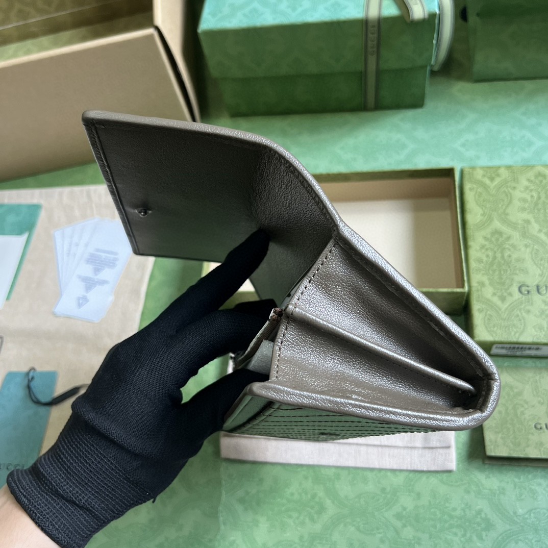 原厂皮 GUCCI 古驰 Blondie 互扣式双G贴饰按扣开合皮革 长款 卡包 钱包 零钱包 灰色 760312