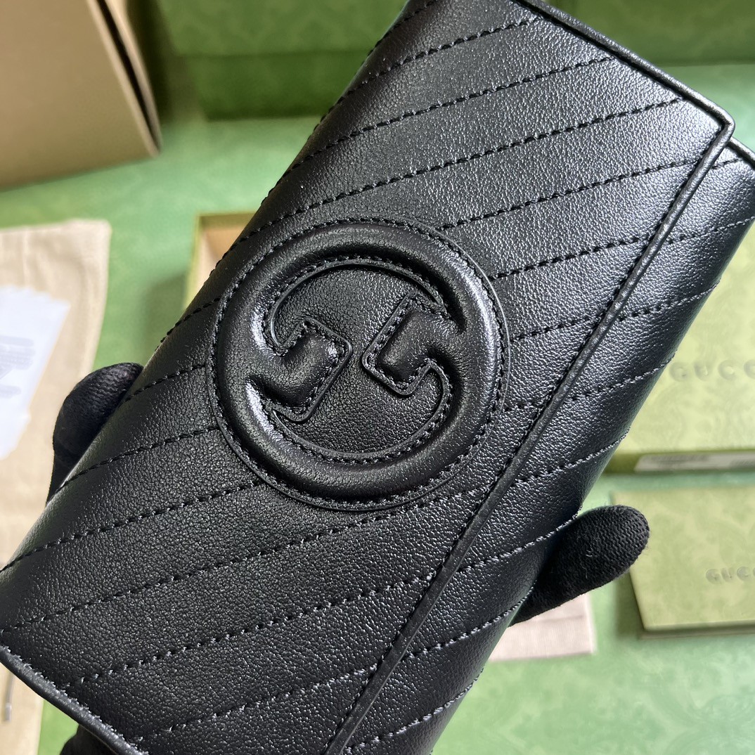 原厂皮 GUCCI 古驰 Blondie 互扣式双G贴饰按扣开合皮革 长款 卡包 钱包 零钱包 黑色 760312