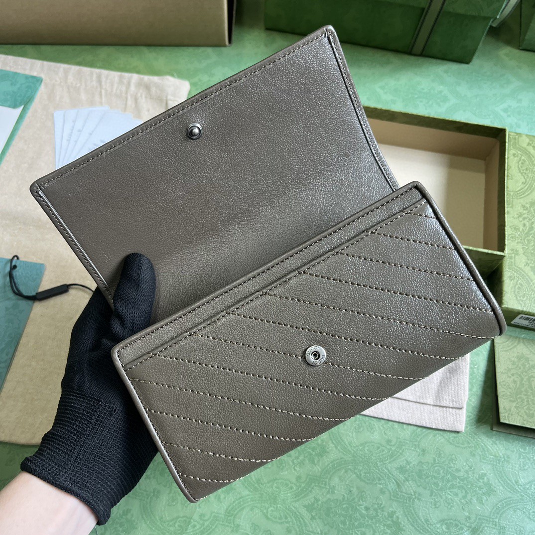 原厂皮 GUCCI 古驰 Blondie 互扣式双G贴饰按扣开合皮革 长款 卡包 钱包 零钱包 灰色 760312