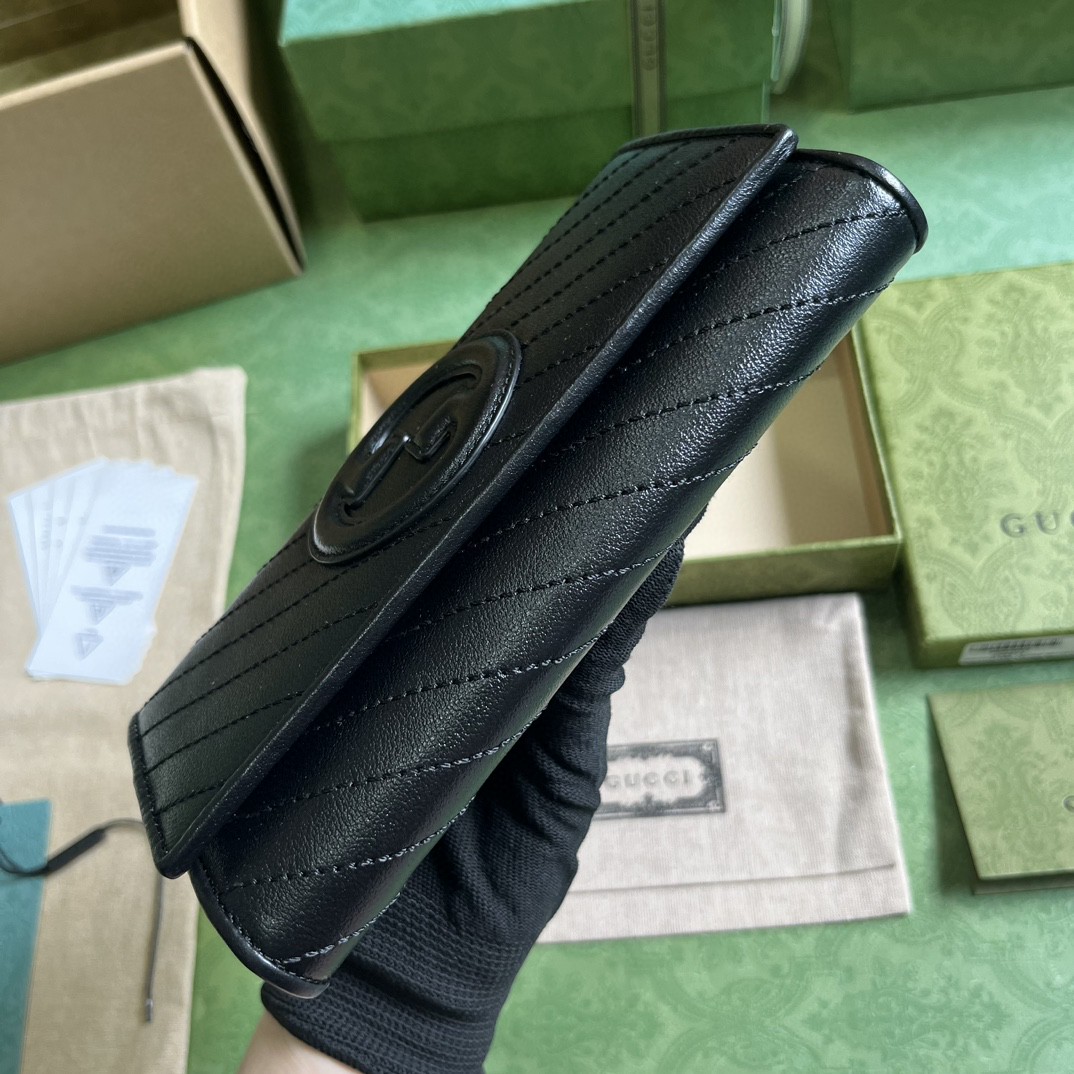 原厂皮 GUCCI 古驰 Blondie 互扣式双G贴饰按扣开合皮革 长款 卡包 钱包 零钱包 黑色 760312