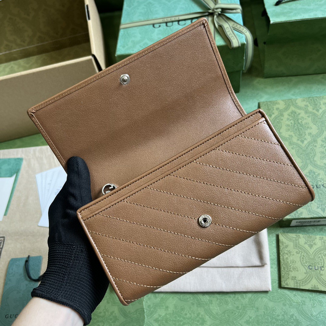 原厂皮 GUCCI 古驰 Blondie 互扣式双G贴饰按扣开合皮革 长款 卡包 钱包 零钱包 棕色 760312