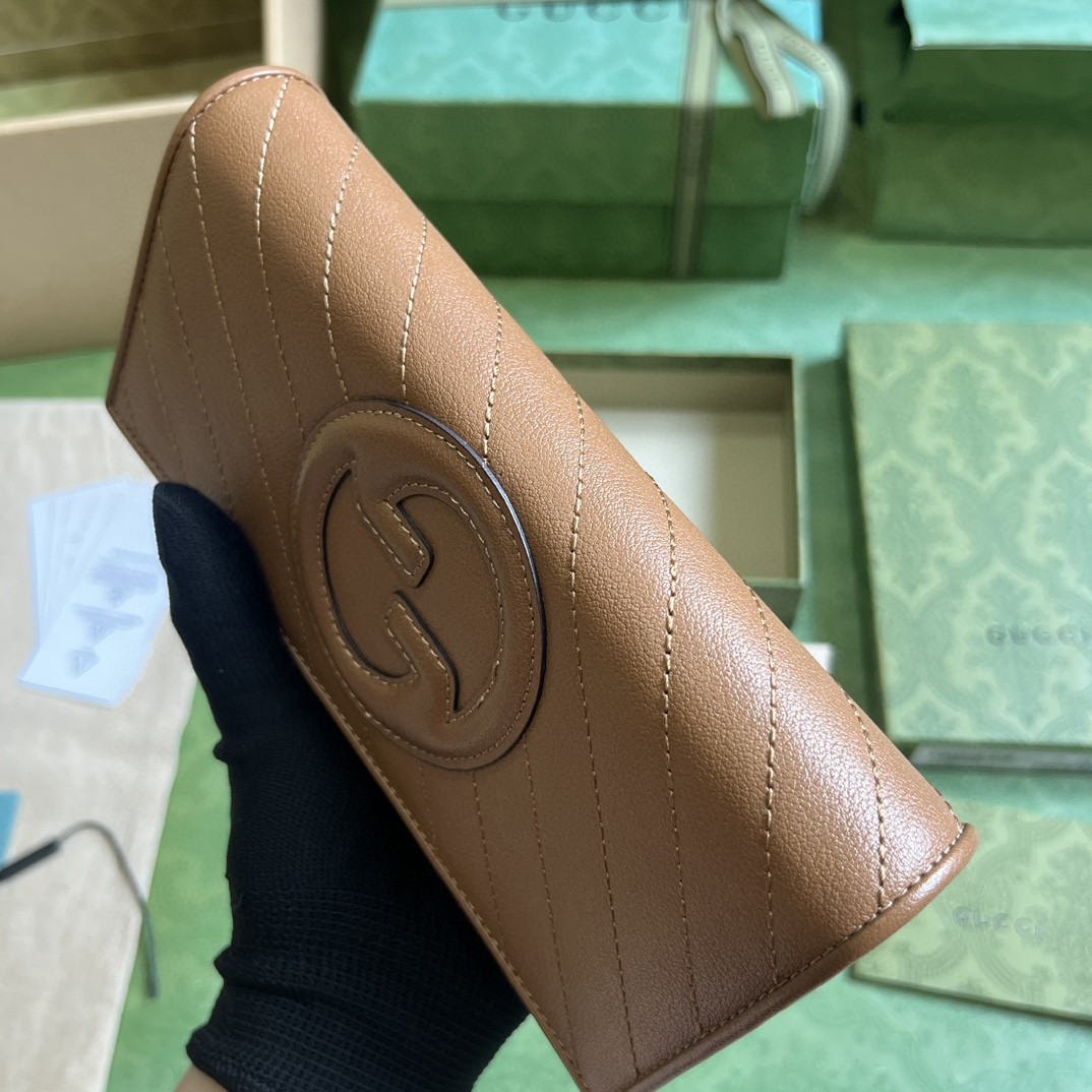 原厂皮 GUCCI 古驰 Blondie 互扣式双G贴饰按扣开合皮革 长款 卡包 钱包 零钱包 棕色 760312