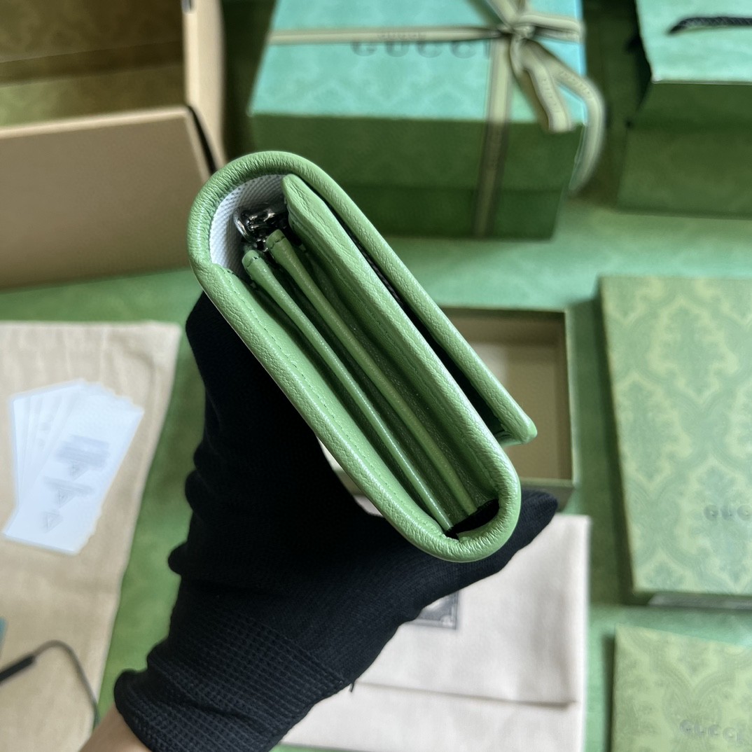 原厂皮 GUCCI 古驰 Blondie 互扣式双G贴饰按扣开合皮革 长款 卡包 钱包 零钱包 绿色 760312