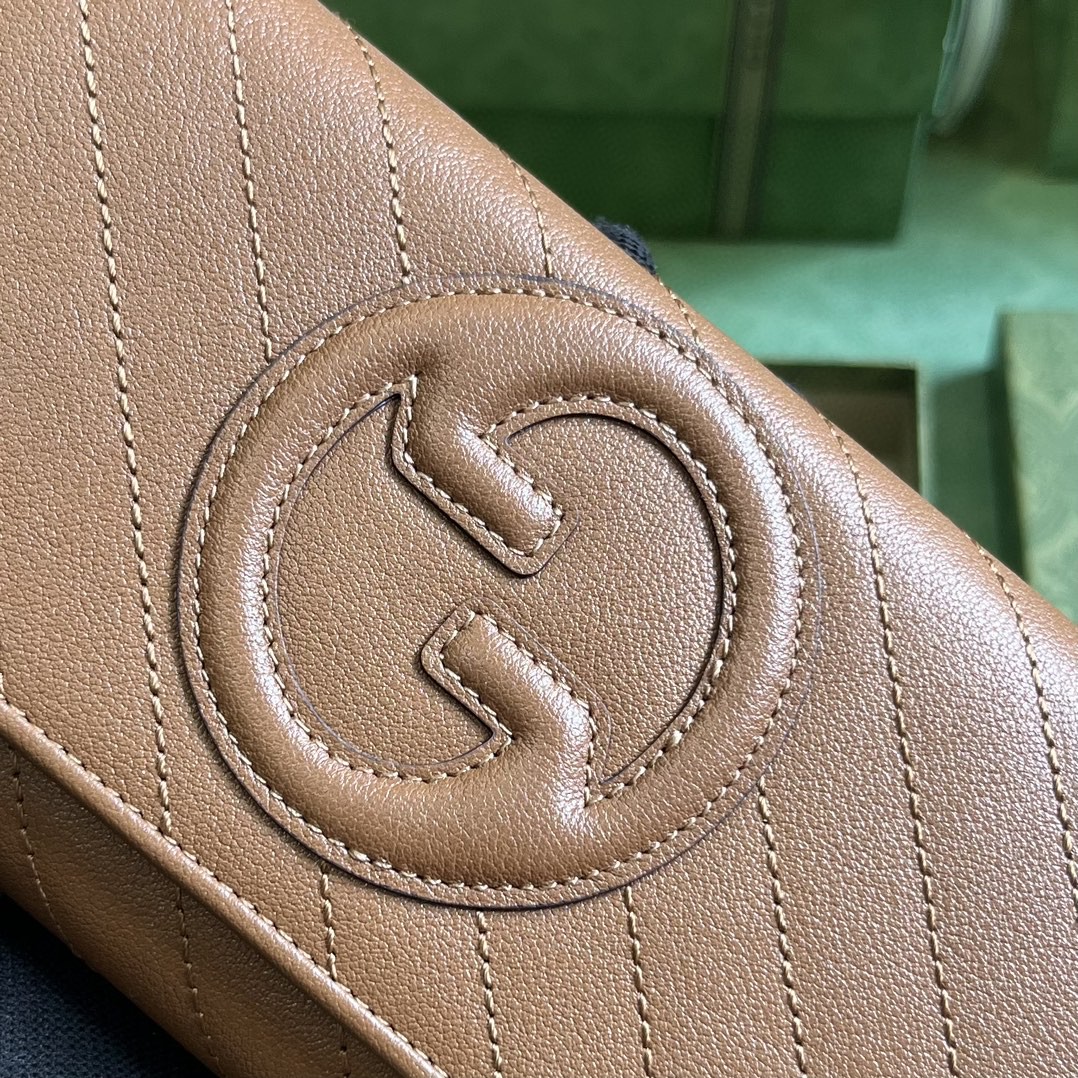 原厂皮 GUCCI 古驰 Blondie 互扣式双G贴饰按扣开合皮革 长款 卡包 钱包 零钱包 棕色 760312