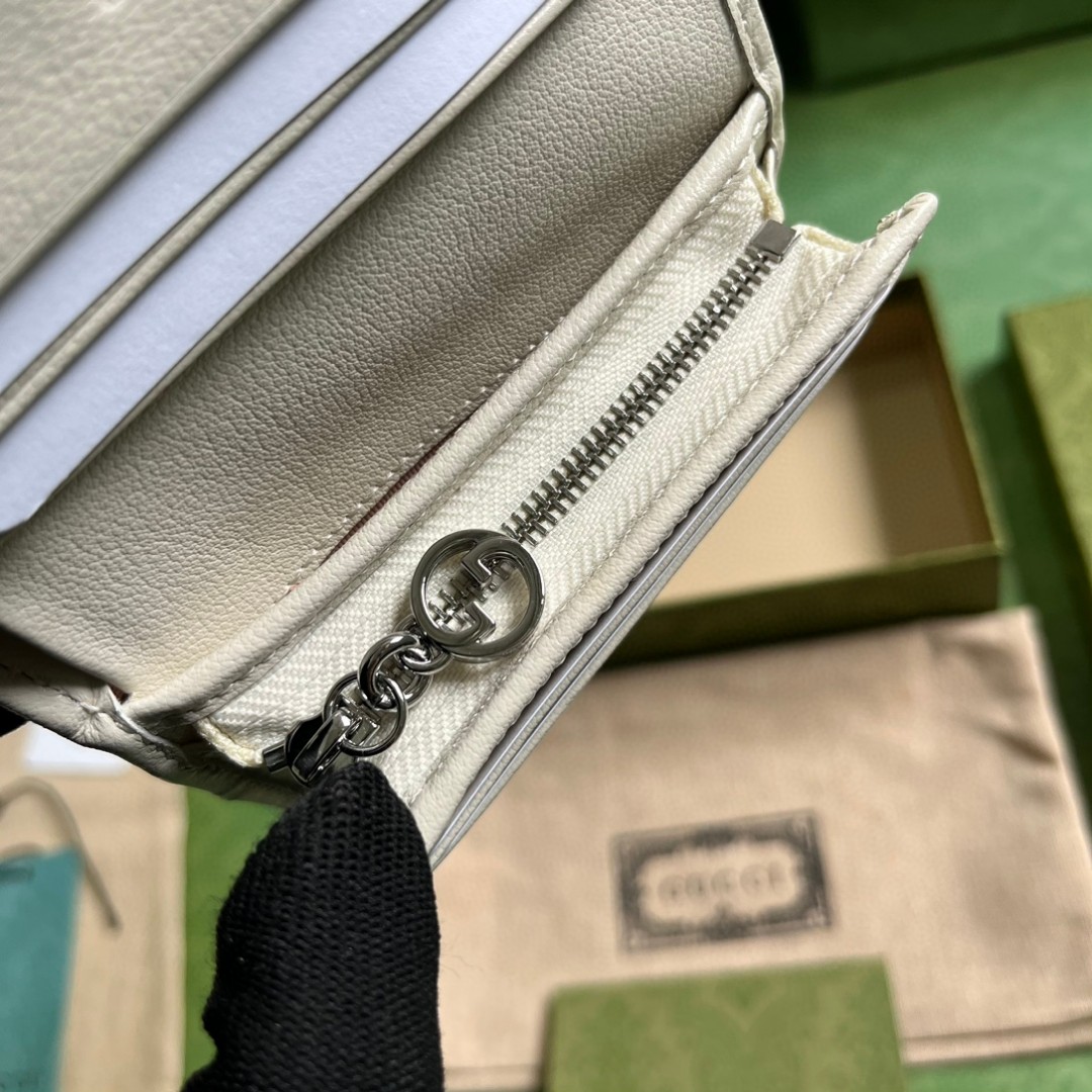 原厂皮 GUCCI 古驰 Blondie 互扣式双G贴饰按扣开合皮革 卡包 钱包 零钱包 白色 760317