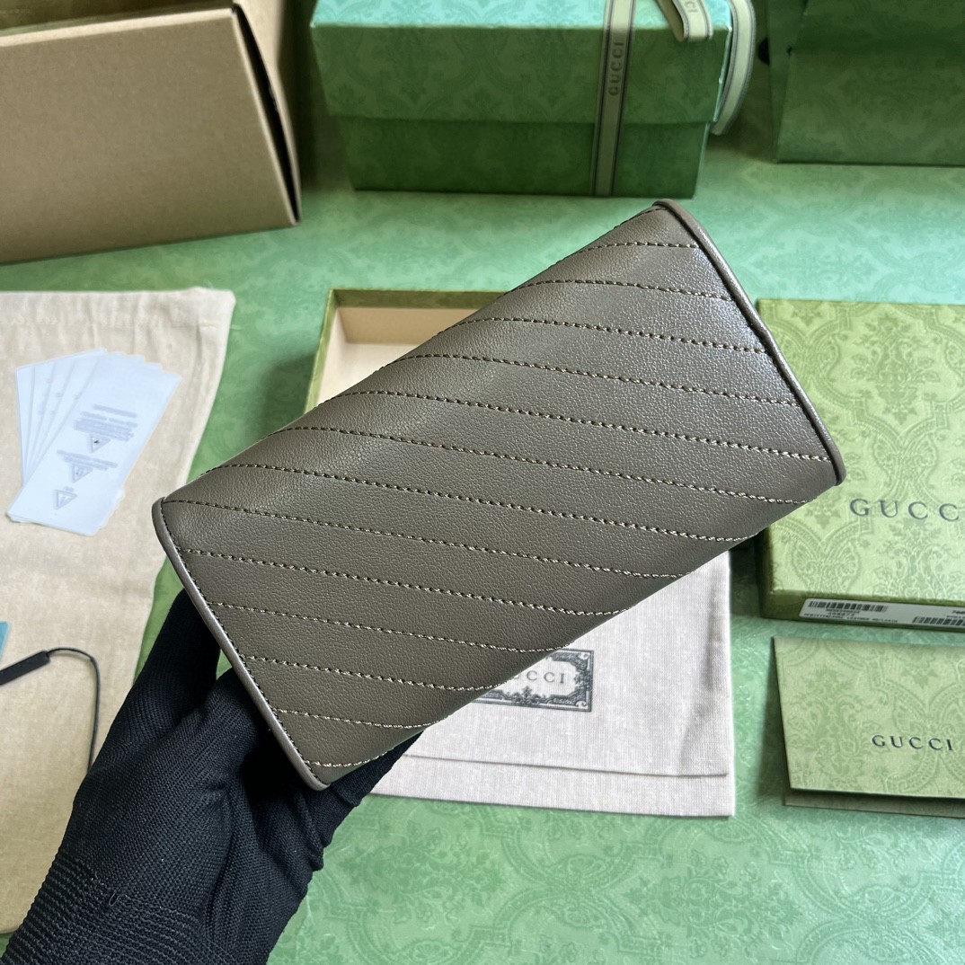 原厂皮 GUCCI 古驰 Blondie 互扣式双G贴饰按扣开合皮革 长款 卡包 钱包 零钱包 灰色 760312