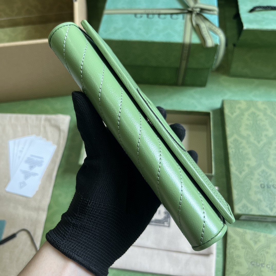 原厂皮 GUCCI 古驰 Blondie 互扣式双G贴饰按扣开合皮革 长款 卡包 钱包 零钱包 绿色 760312
