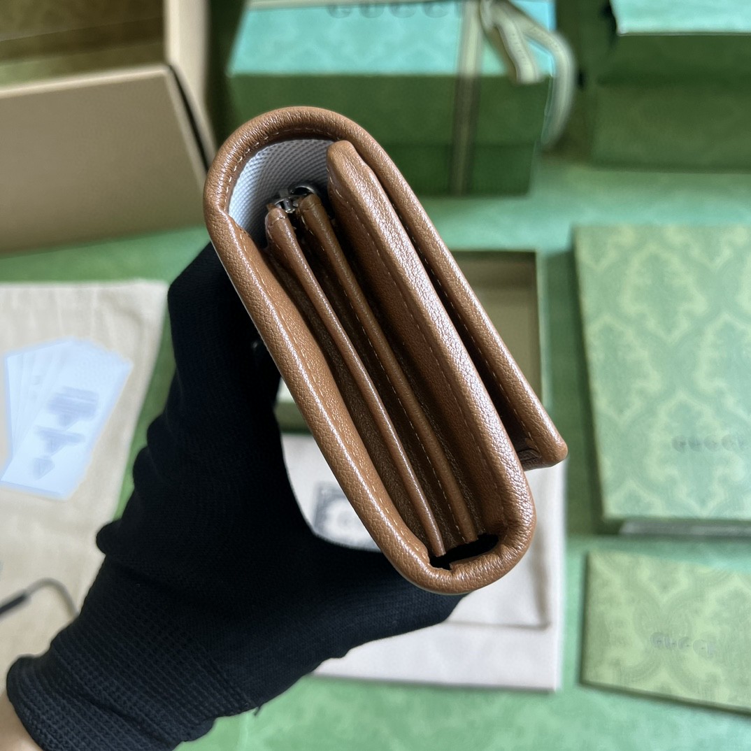 原厂皮 GUCCI 古驰 Blondie 互扣式双G贴饰按扣开合皮革 长款 卡包 钱包 零钱包 棕色 760312
