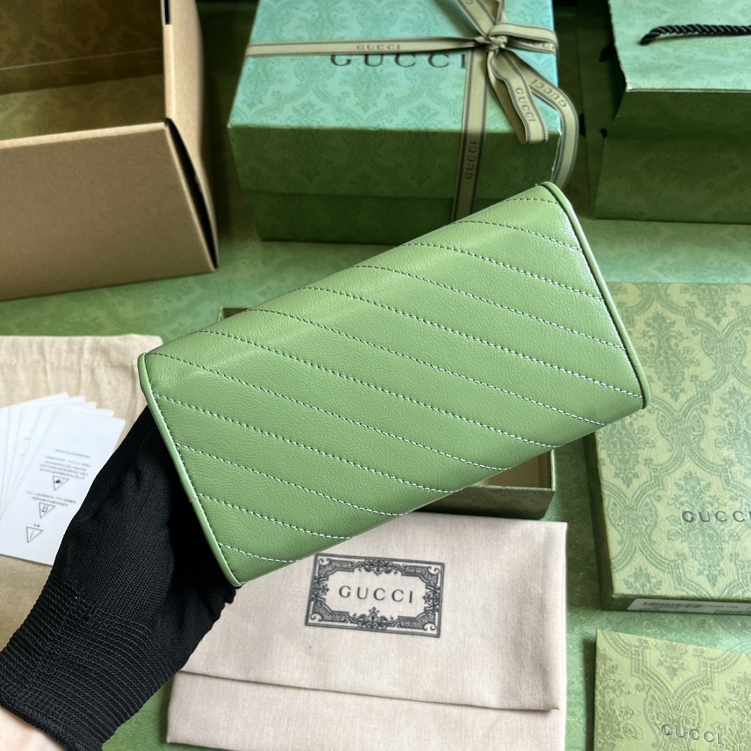 原厂皮 GUCCI 古驰 Blondie 互扣式双G贴饰按扣开合皮革 长款 卡包 钱包 零钱包 绿色 760312