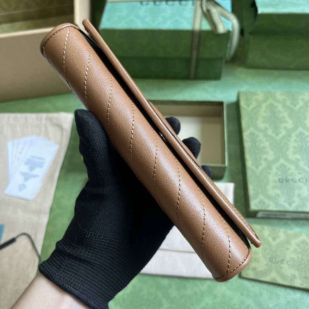原厂皮 GUCCI 古驰 Blondie 互扣式双G贴饰按扣开合皮革 长款 卡包 钱包 零钱包 棕色 760312