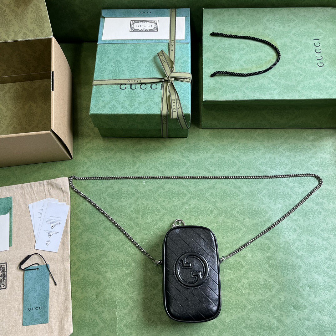 原厂皮 GUCCI 古驰 Blondie 互扣双G贴片 拉链开合皮革迷你包 单肩包 斜挎包 黑色 760315-AACP7-1000