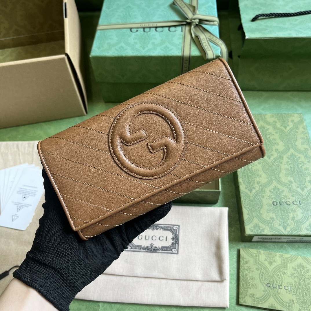 原厂皮 GUCCI 古驰 Blondie 互扣式双G贴饰按扣开合皮革 长款 卡包 钱包 零钱包 棕色 760312