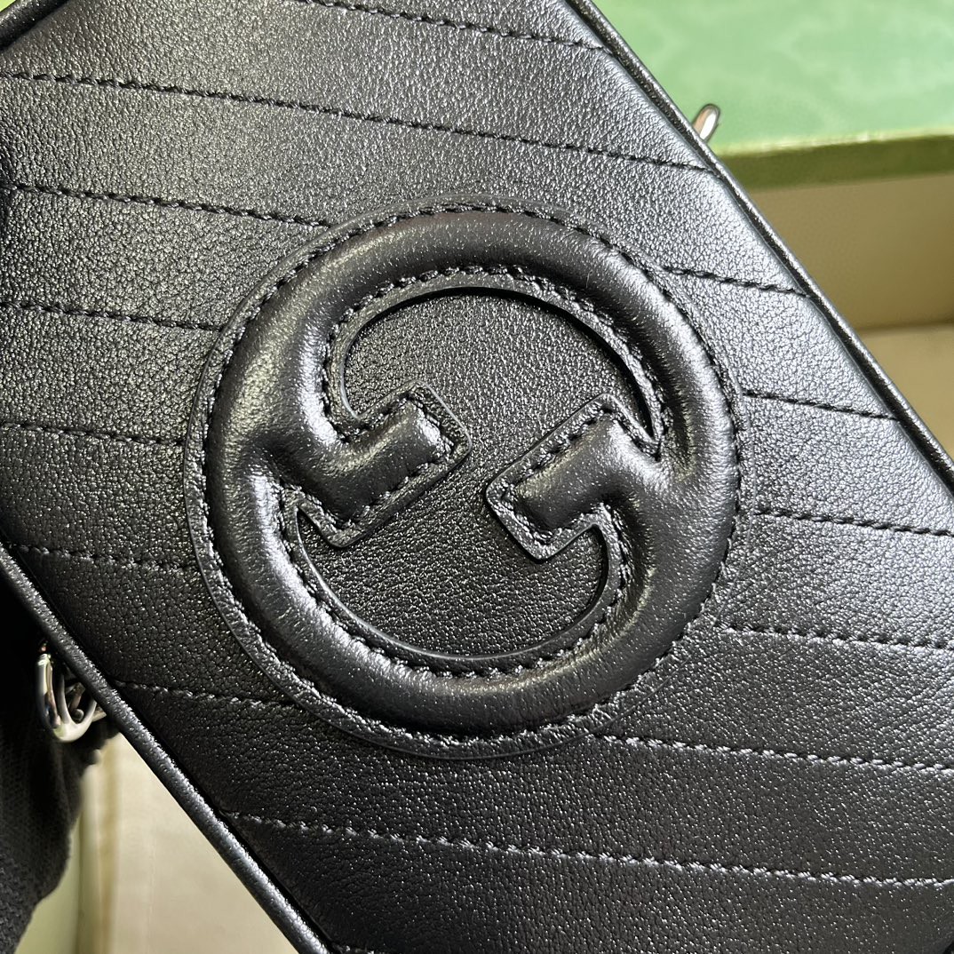 原厂皮 GUCCI 古驰 Blondie 互扣双G贴片 拉链开合皮革迷你包 单肩包 斜挎包 黑色 760315-AACP7-1000