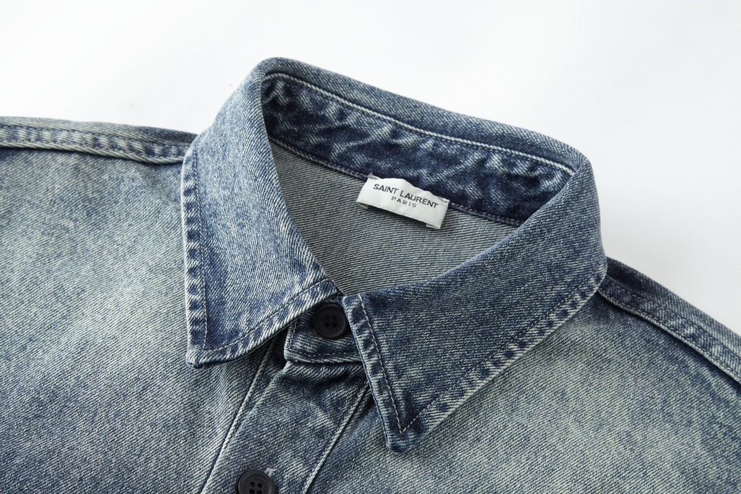 SAINT LAURENT YSL 圣罗兰 FW23 字母Logo刺绣 衬衫 牛仔衬衫 牛仔衣 秋冬款 蓝色