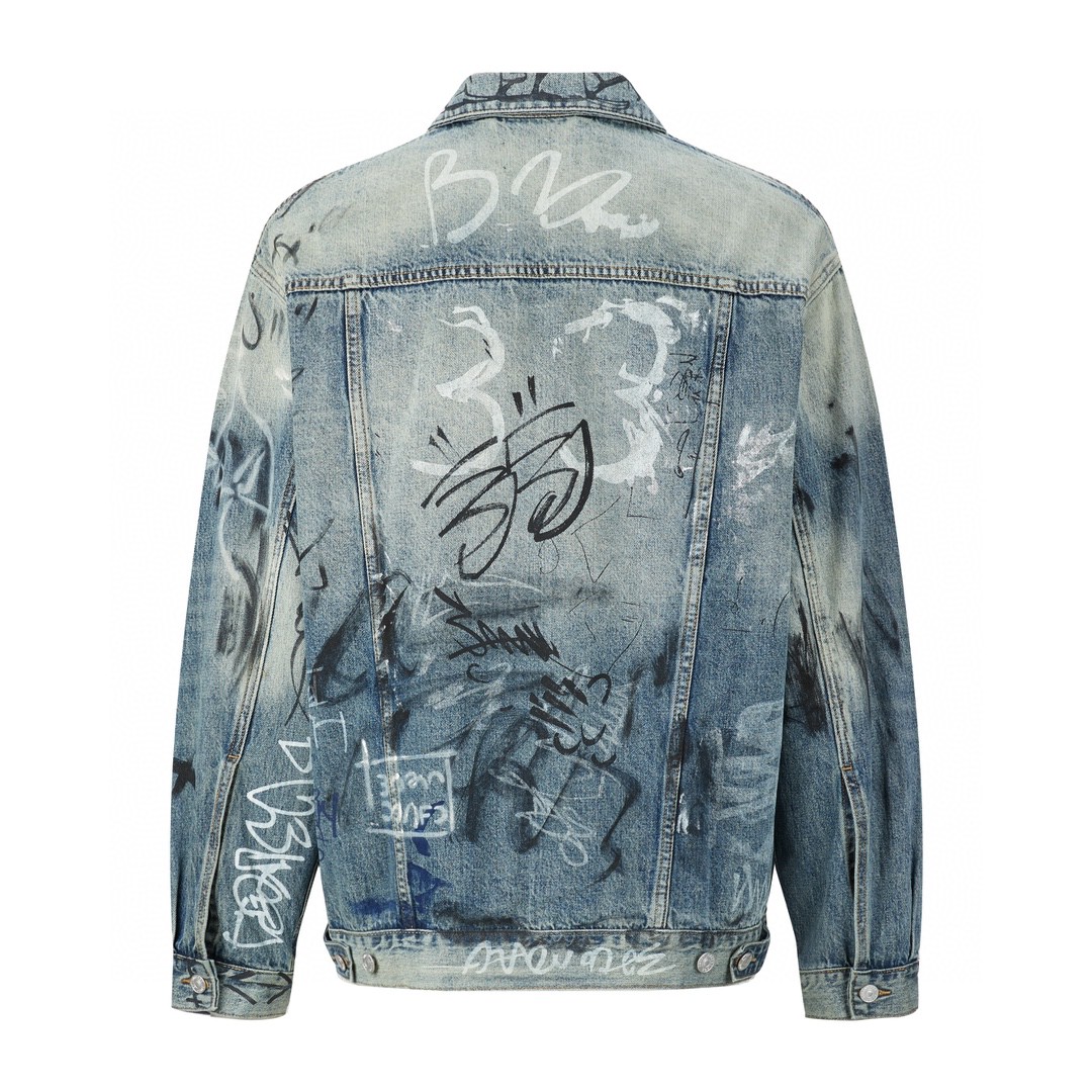 Balenciaga 巴黎世家 SS23手绘涂鸦印花牛仔外套 牛仔衣 宽松 秋冬 蓝色 745048TNW014012