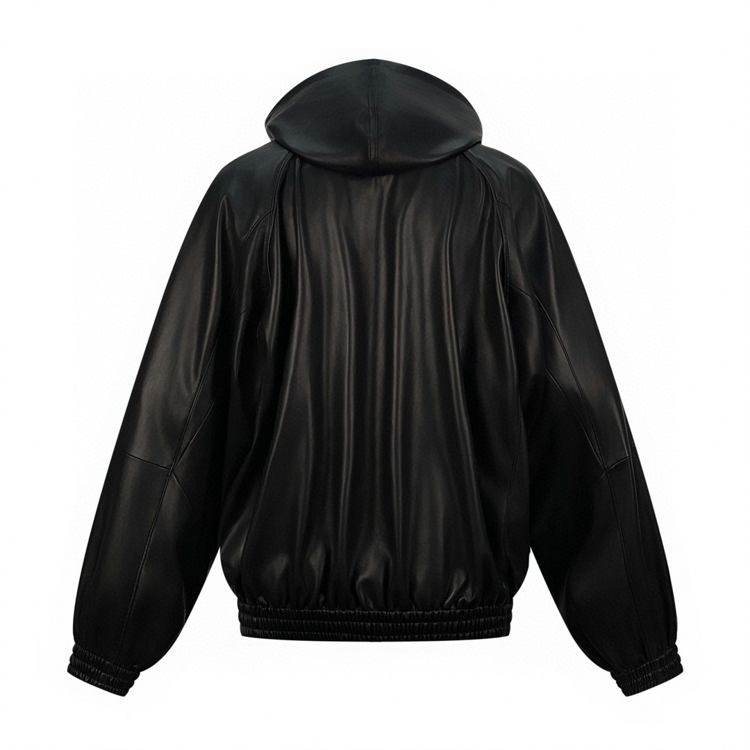 Balenciaga 巴黎世家 SS23 字母刺绣Logo 连帽夹克 皮衣 宽松 外套 秋冬款 黑色 697771TMS021000