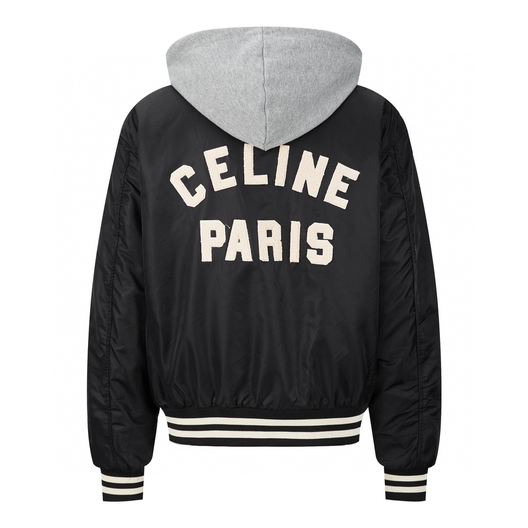 CELINE 赛琳 字母印花logo连帽夹克 棒球服 外套 秋冬款 男女同款 黑色 2W15A227R-38NO