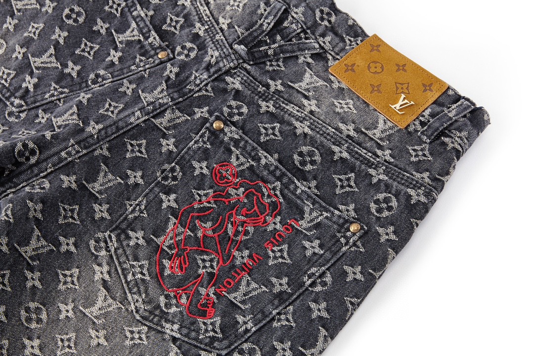 LOUIS VUITTON 路易威登 Logo满印宽松牛仔裤 裤子 长裤 男款 黑灰色 1AAGPQ