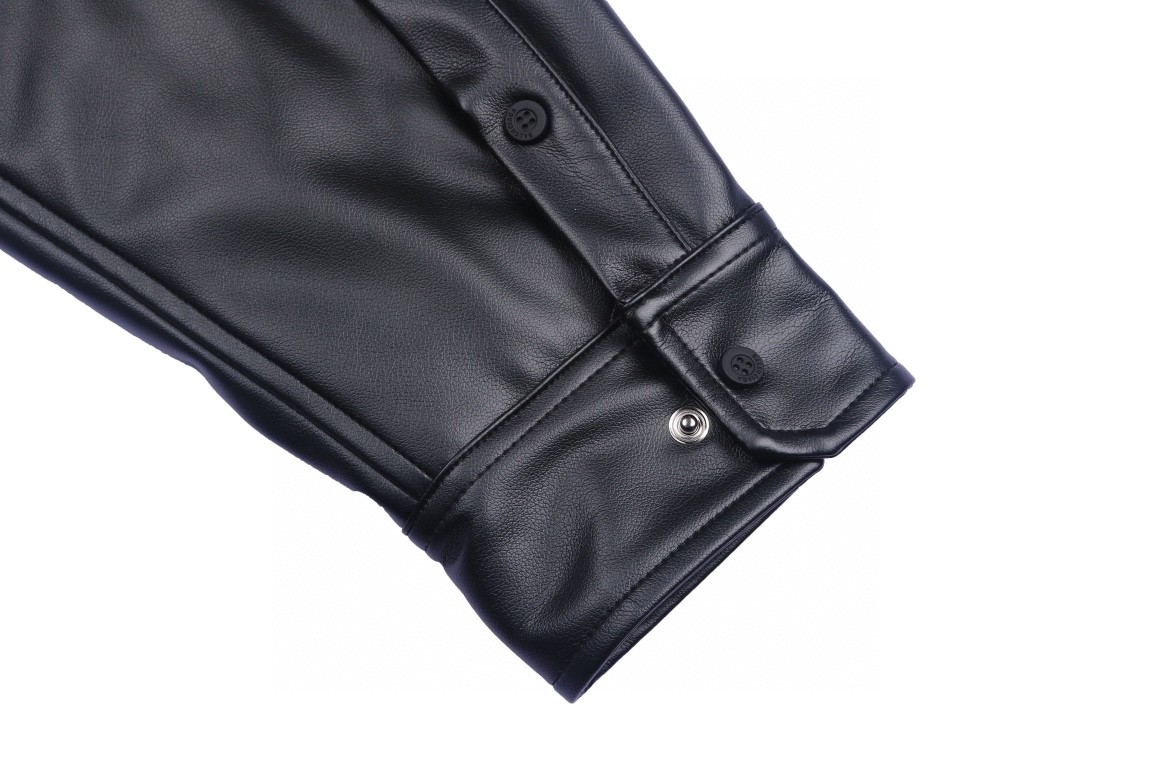 Balenciaga 巴黎世家 纯色刺绣logo皮衣 衬衫 长袖 秋冬 黑色