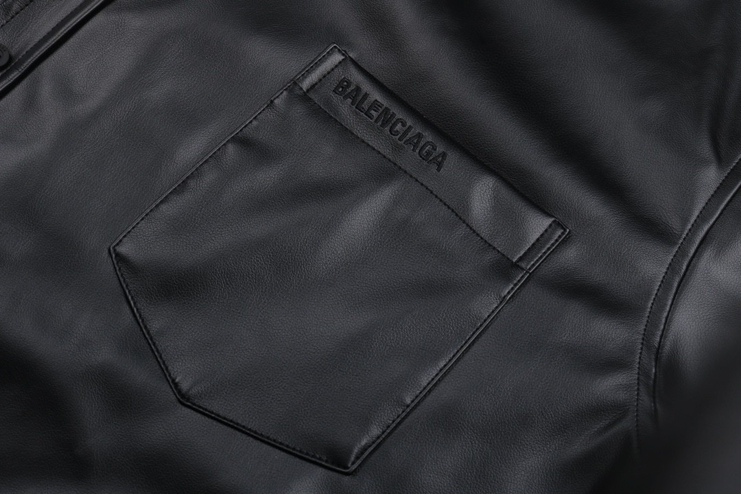 Balenciaga 巴黎世家 纯色刺绣logo皮衣 衬衫 长袖 秋冬 黑色