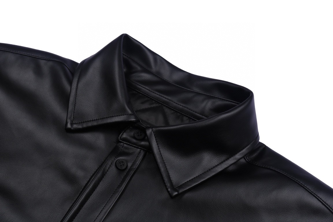 Balenciaga 巴黎世家 纯色刺绣logo皮衣 衬衫 长袖 秋冬 黑色