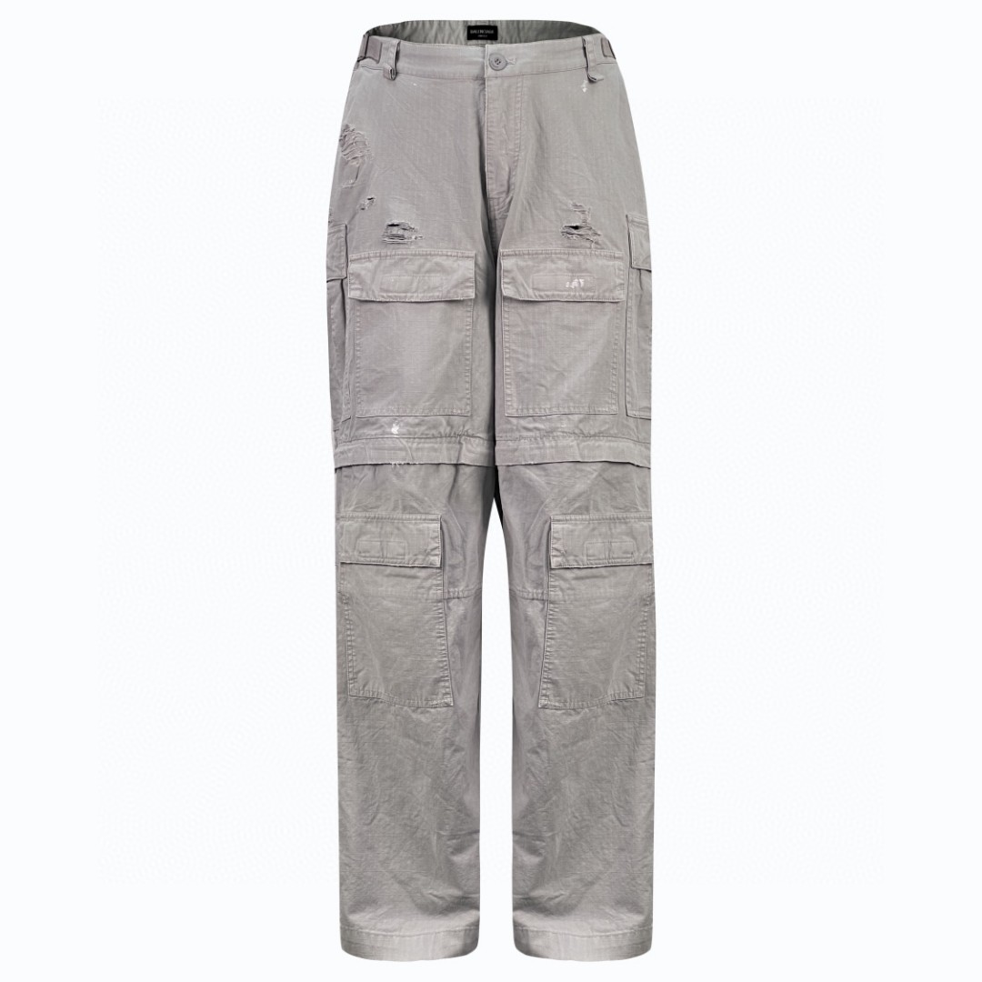 Balenciaga 巴黎世家 SS23 做旧破洞隐藏式拉链休闲裤 长裤 工装裤 男款 灰白色 746493TKP271400