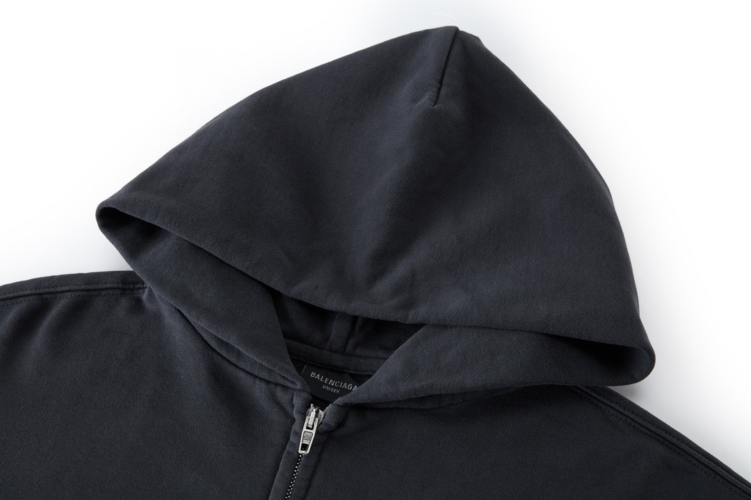 Balenciaga 巴黎世家 印花图案拉链做旧连帽卫衣 长袖 秋冬 男女同款 黑色 770939TPVM91568
