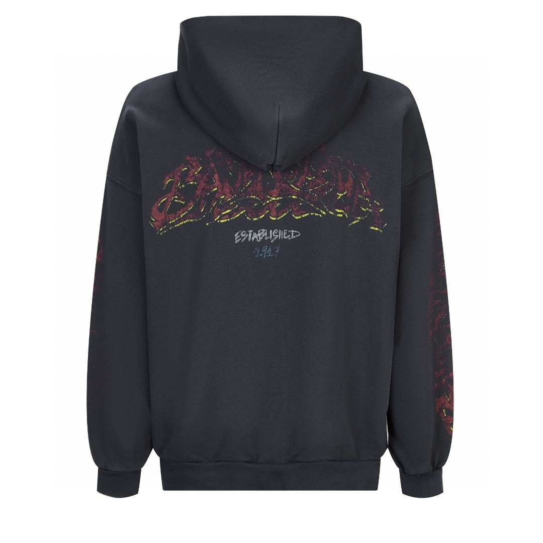 Balenciaga 巴黎世家 印花图案拉链做旧连帽卫衣 长袖 秋冬 男女同款 黑色 770939TPVM91568