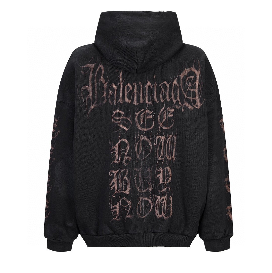 Balenciaga 巴黎世家 FW23 双头拉链做旧连帽卫衣 长袖 秋冬 男女同款 黑色 744444TOVD91055