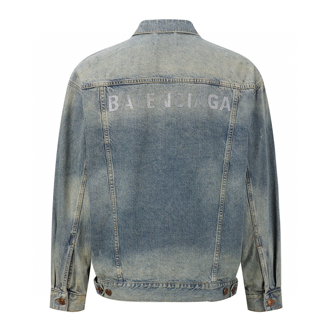 Balenciaga 巴黎世家 背面水钻logo翻领长袖 牛仔外套 牛仔衣 秋冬 蓝色 729353TNW654036