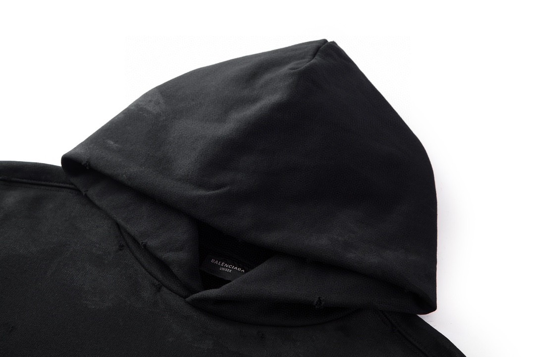 Balenciaga 巴黎世家 字母Logo印花 扎染破洞 连帽卫衣 长袖 秋冬 黑色 742603TOVN71055