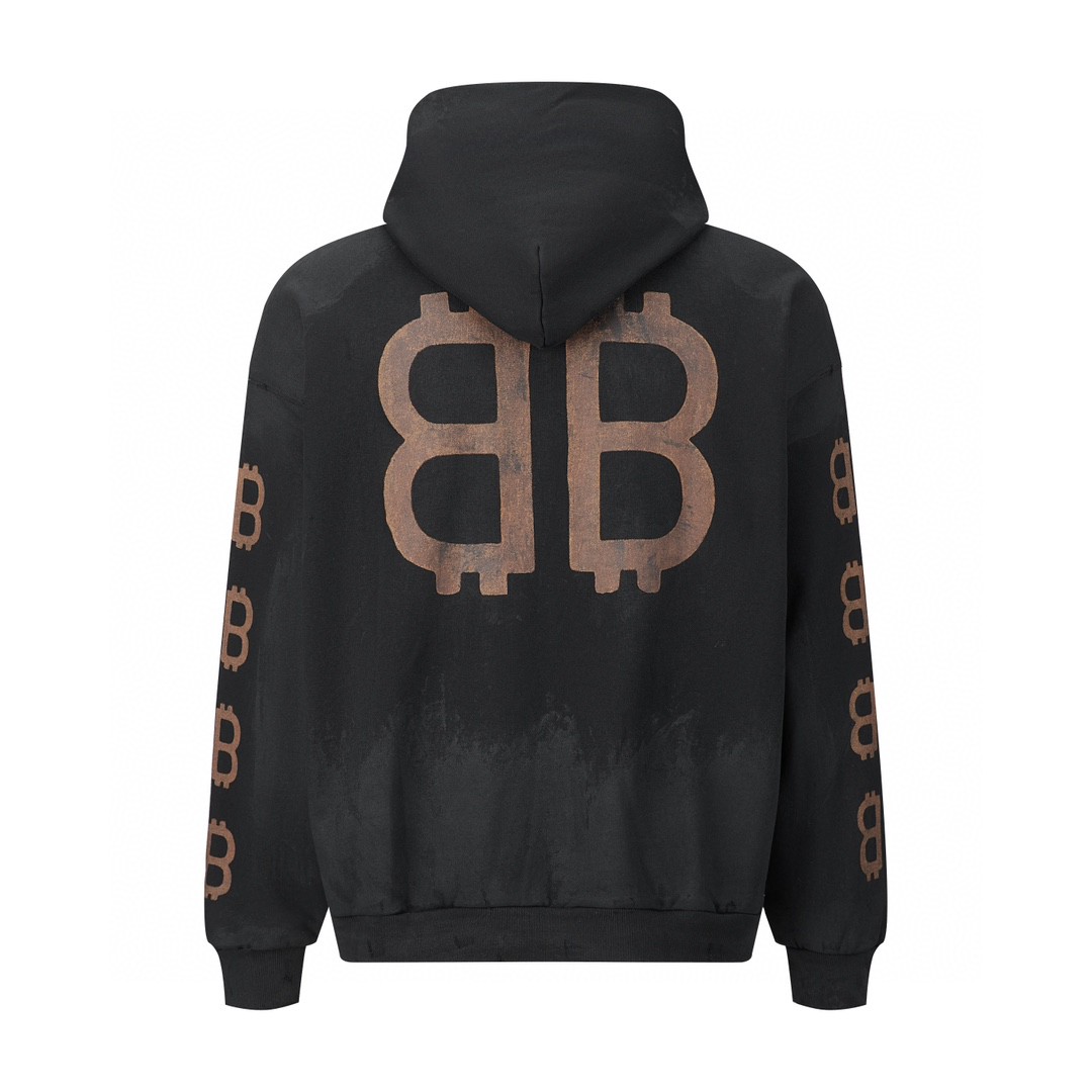 Balenciaga 巴黎世家 字母Logo印花 扎染破洞 连帽卫衣 长袖 秋冬 黑色 742603TOVN71055