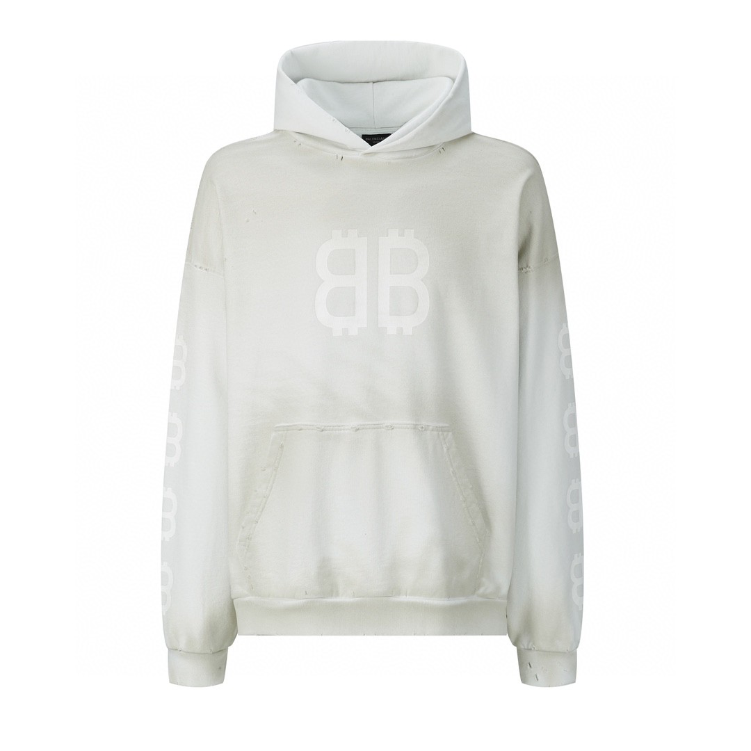 Balenciaga 巴黎世家 字母Logo印花 扎染破洞 连帽卫衣 长袖 秋冬 米白 742603TOVU7
