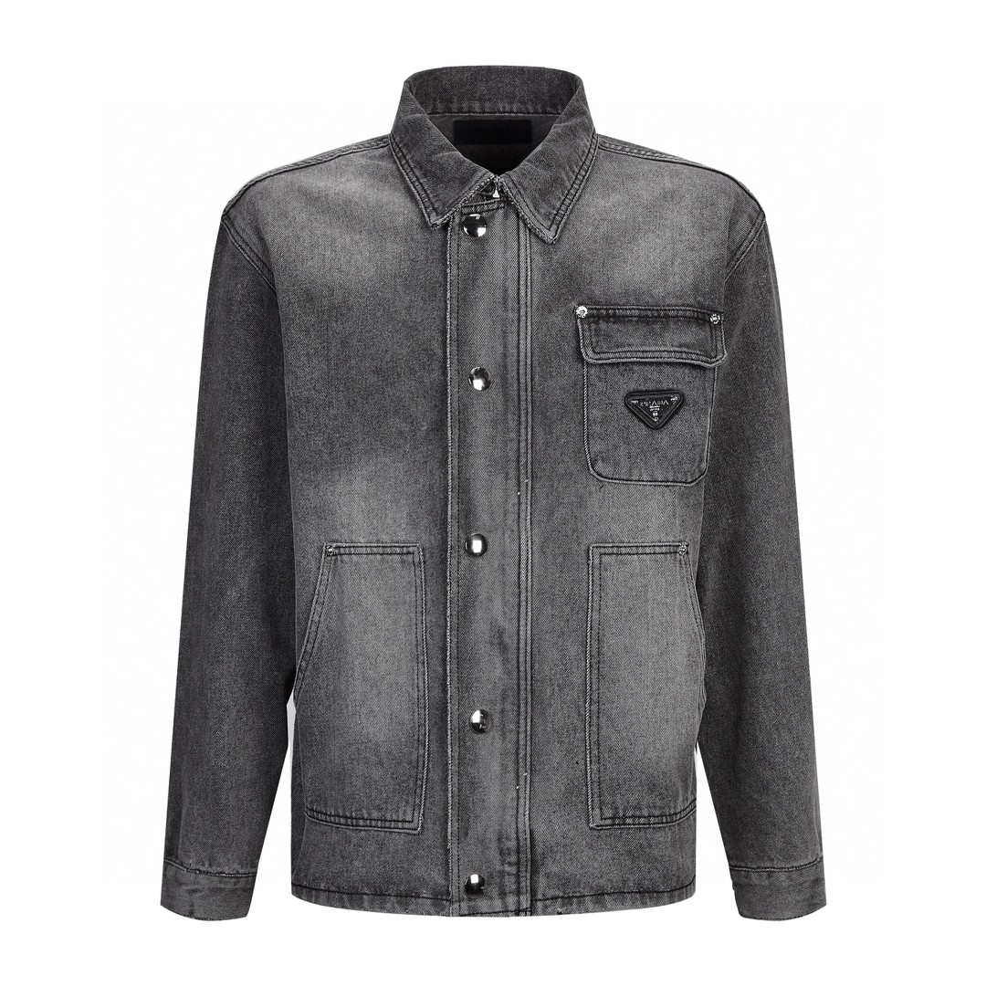 PRADA 普拉达 三角徽标 水洗做旧牛仔外套 夹克 长袖 男女同款 黑灰色 