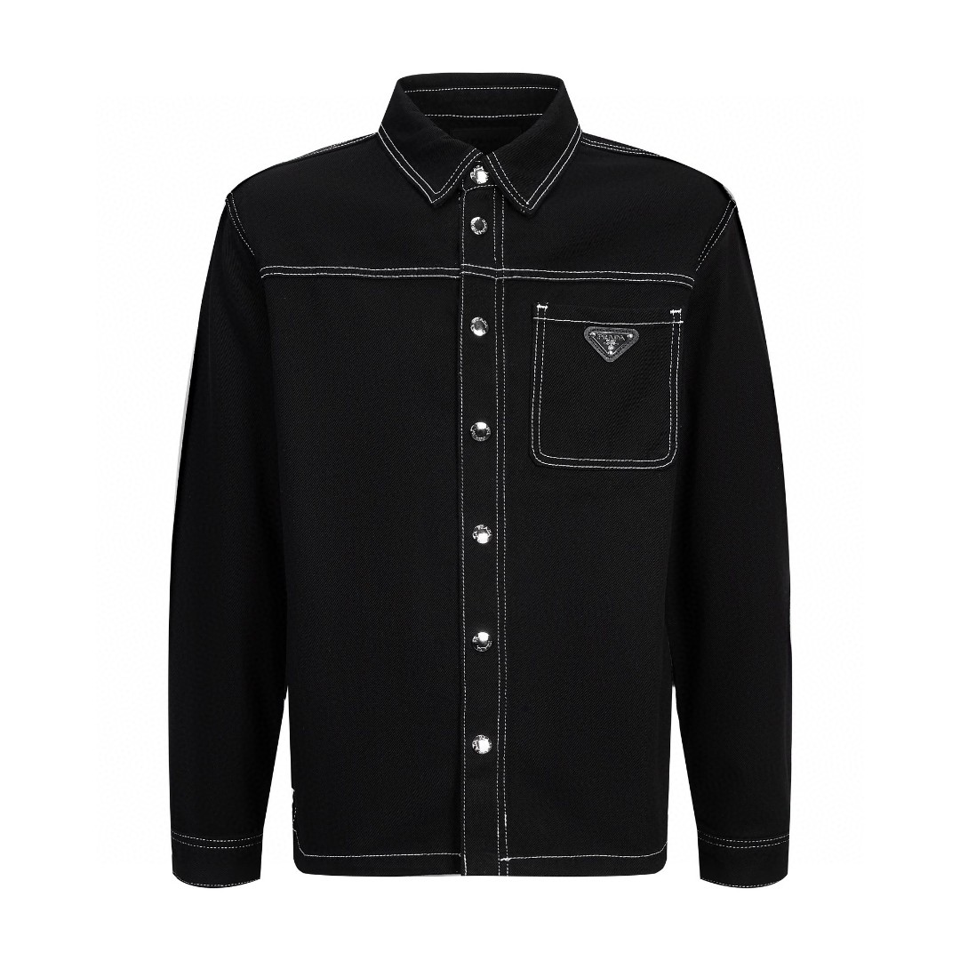 PRADA 普拉达 纯色logo徽标 牛仔衬衫 外套 长袖 黑色 SC696108IF0002