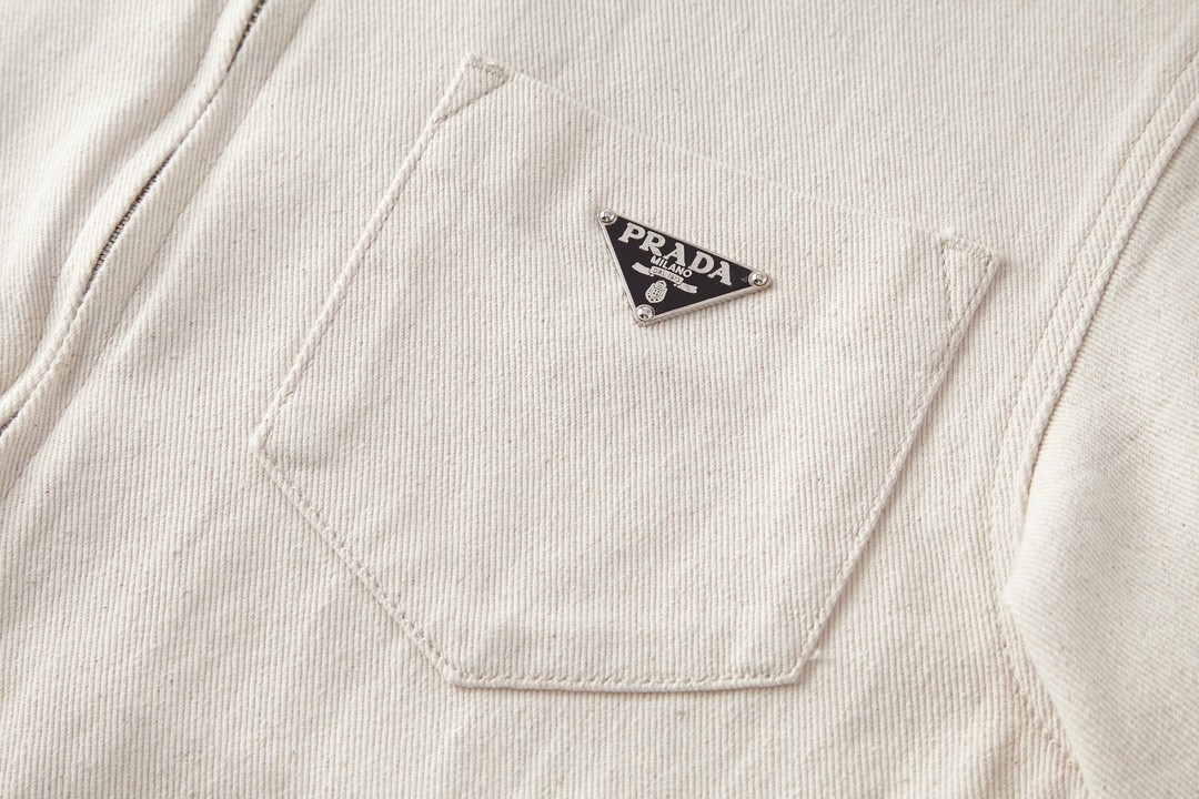 PRADA 普拉达 三角徽标拉链 牛仔外套 夹克 长袖 外套 男女同款 米白色