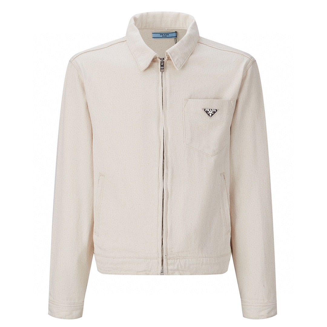 PRADA 普拉达 三角徽标拉链 牛仔外套 夹克 长袖 外套 男女同款 米白色