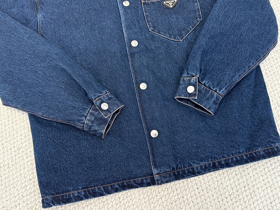 PRADA 普拉达 纯色三角徽标 牛仔衬衫 外套 长袖 男女同款 蓝色 GEC071-13HO-F0008