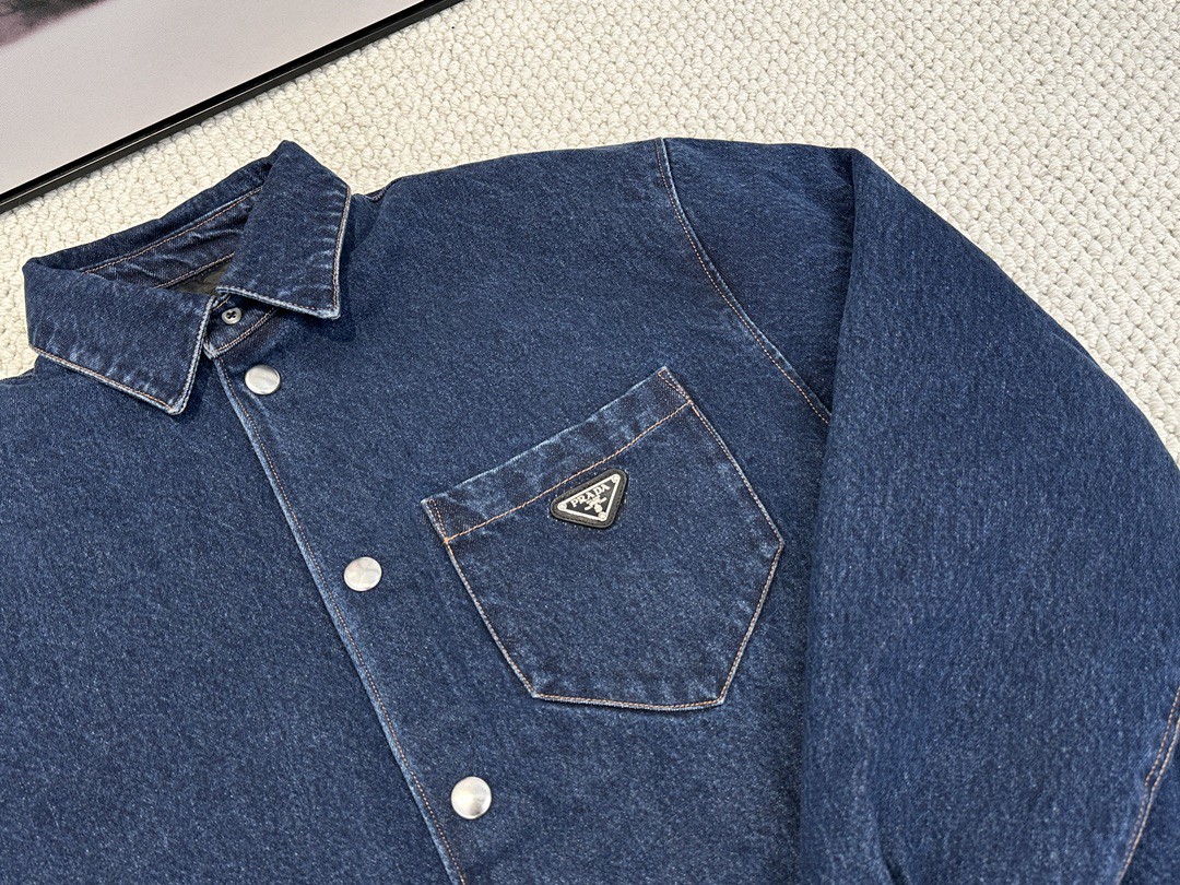 PRADA 普拉达 纯色三角徽标 牛仔衬衫 外套 长袖 男女同款 蓝色 GEC071-13HO-F0008