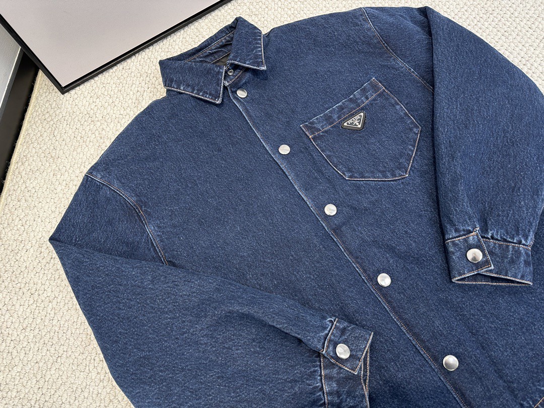 PRADA 普拉达 纯色三角徽标 牛仔衬衫 外套 长袖 男女同款 蓝色 GEC071-13HO-F0008