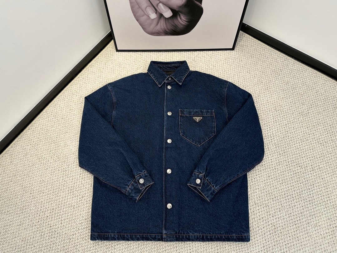 PRADA 普拉达 纯色三角徽标 牛仔衬衫 外套 长袖 男女同款 蓝色 GEC071-13HO-F0008