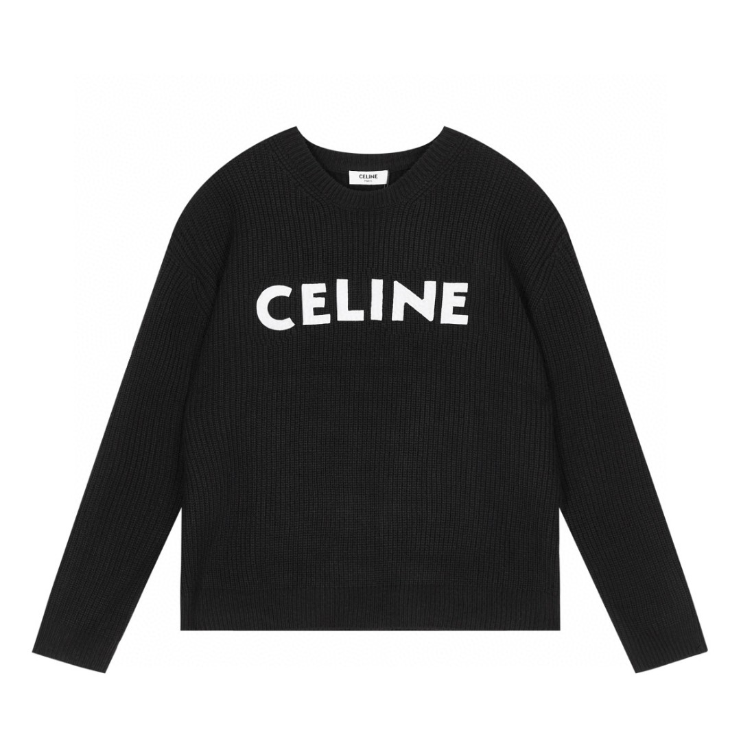 CELINE 赛琳 字母贴布logo 圆领 毛衣 长袖 秋冬款 男女同款 黑色 2A19R205O-38NO