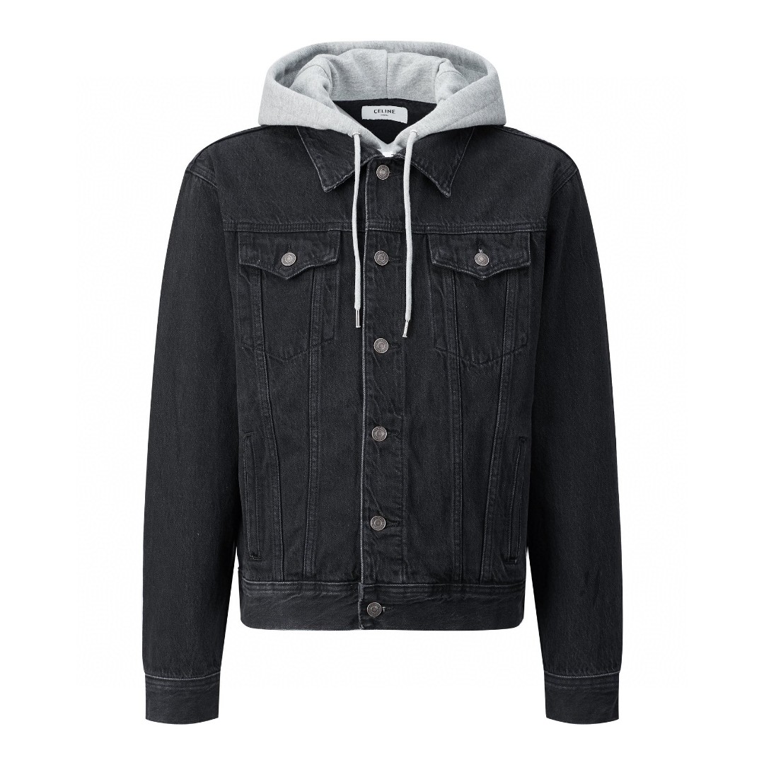 CELINE 赛琳 FW23 水洗单排扣连帽休闲牛仔外套 牛仔衣 长袖 外套 秋冬款 男女同款 黑灰色 2Q472947F-38CH