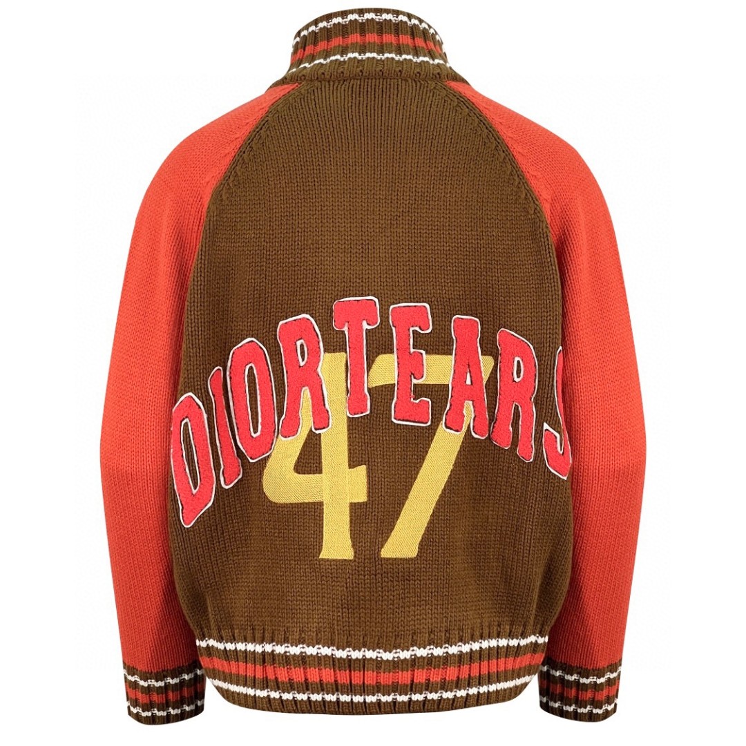 DIOR 迪奥 Denim Tears 联名款 字母印花拉链休闲高领针织开衫 毛衣 针织衫 长袖 秋冬款 红棕色 393M430AT697-C782