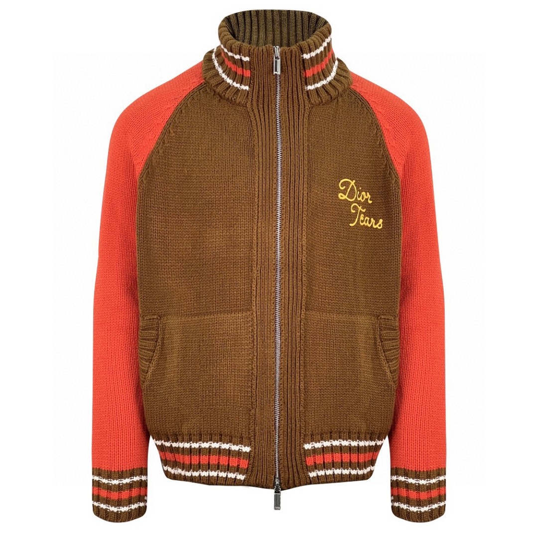 DIOR 迪奥 Denim Tears 联名款 字母印花拉链休闲高领针织开衫 毛衣 针织衫 长袖 秋冬款 红棕色 393M430AT697-C782