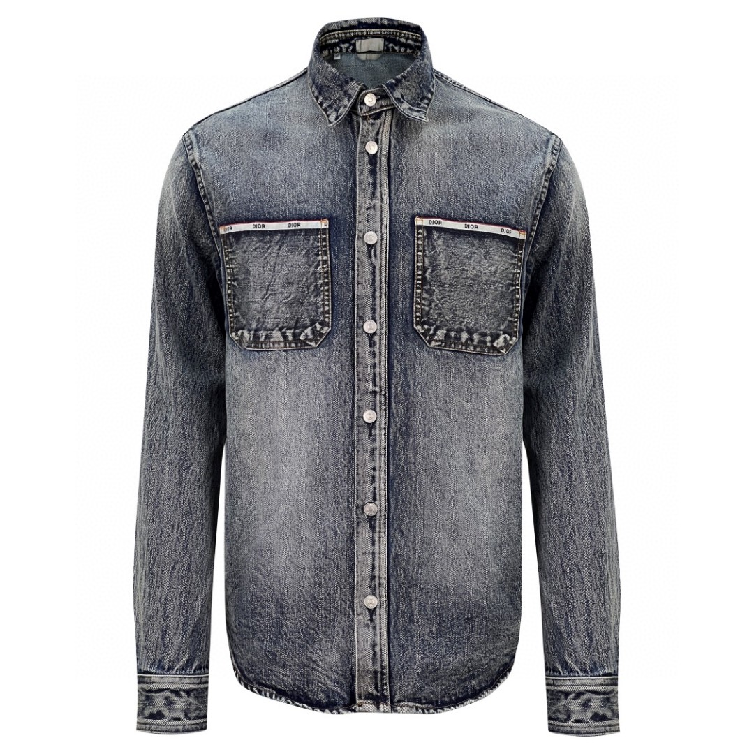 DIOR 迪奥 水洗做旧翻领单排扣牛仔外套 长袖 牛仔衣 夹克 秋冬款 蓝色 113D585BY994-510