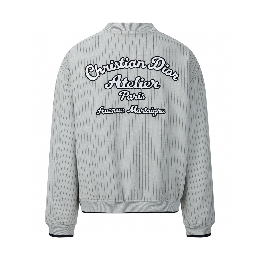 DIOR 迪奥 细条纹刺绣徽标Logo 棒球衫 棒球服 夹克 外套 长袖 灰白色 