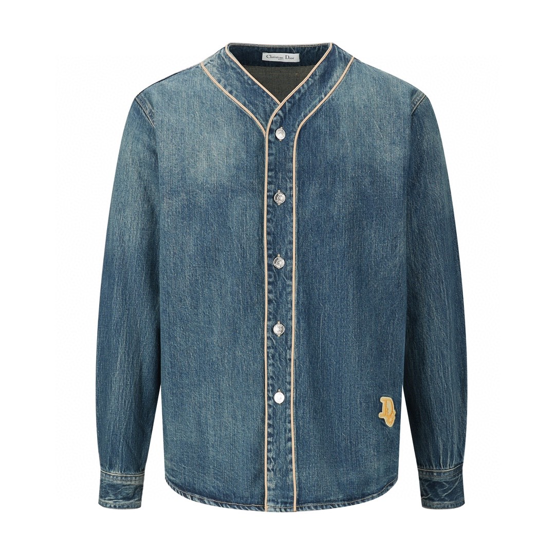 DIOR 迪奥 Denim Tears 联名款 徽标Logo无领牛仔棒球衫 牛仔外套 长袖 牛仔衣 男款 蓝色 393D591AY527-C582