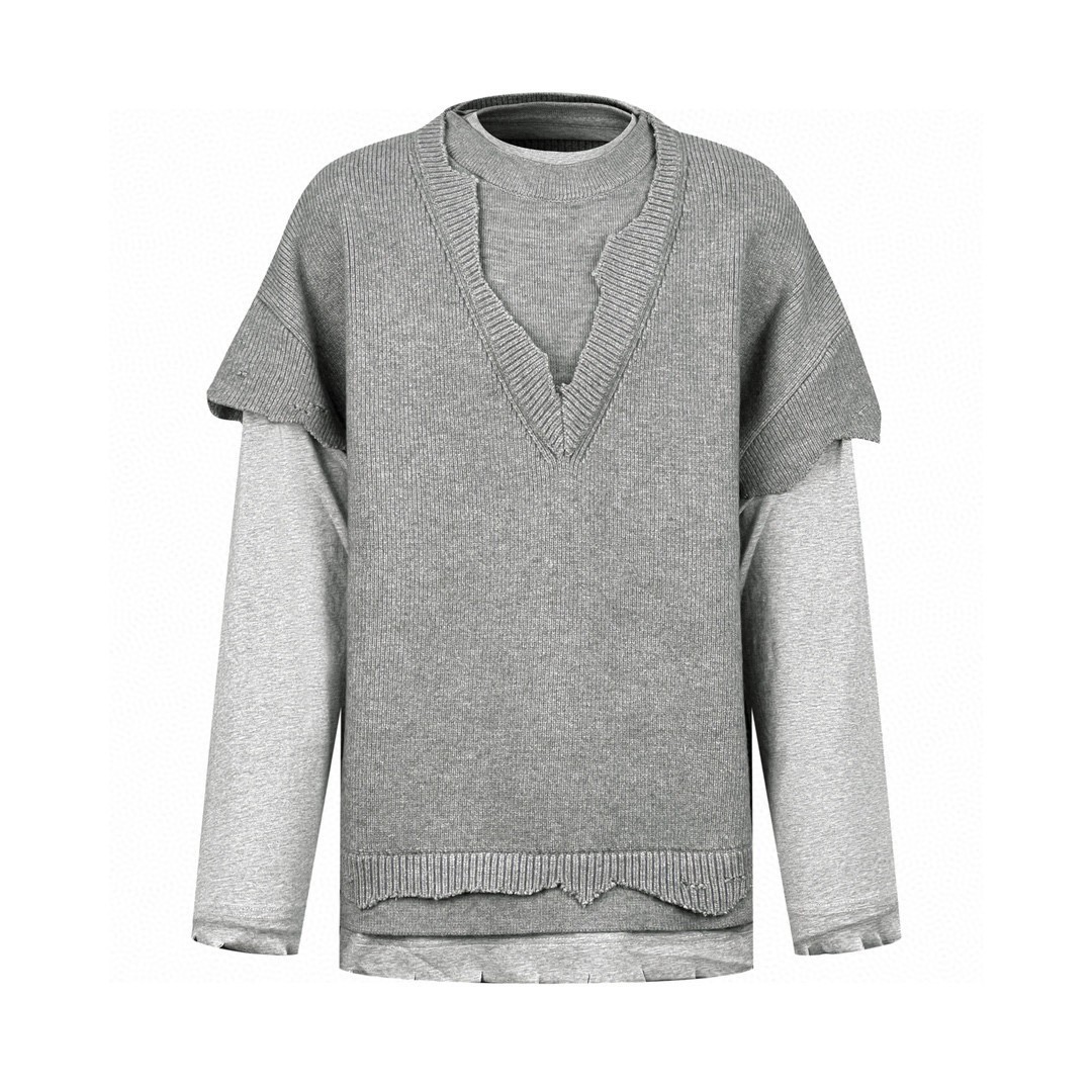 Givenchy 纪梵希 SS23 假两件套破坏毛衣 卫衣 套头 长袖 秋冬款 灰色 BM90MG4YE0-097