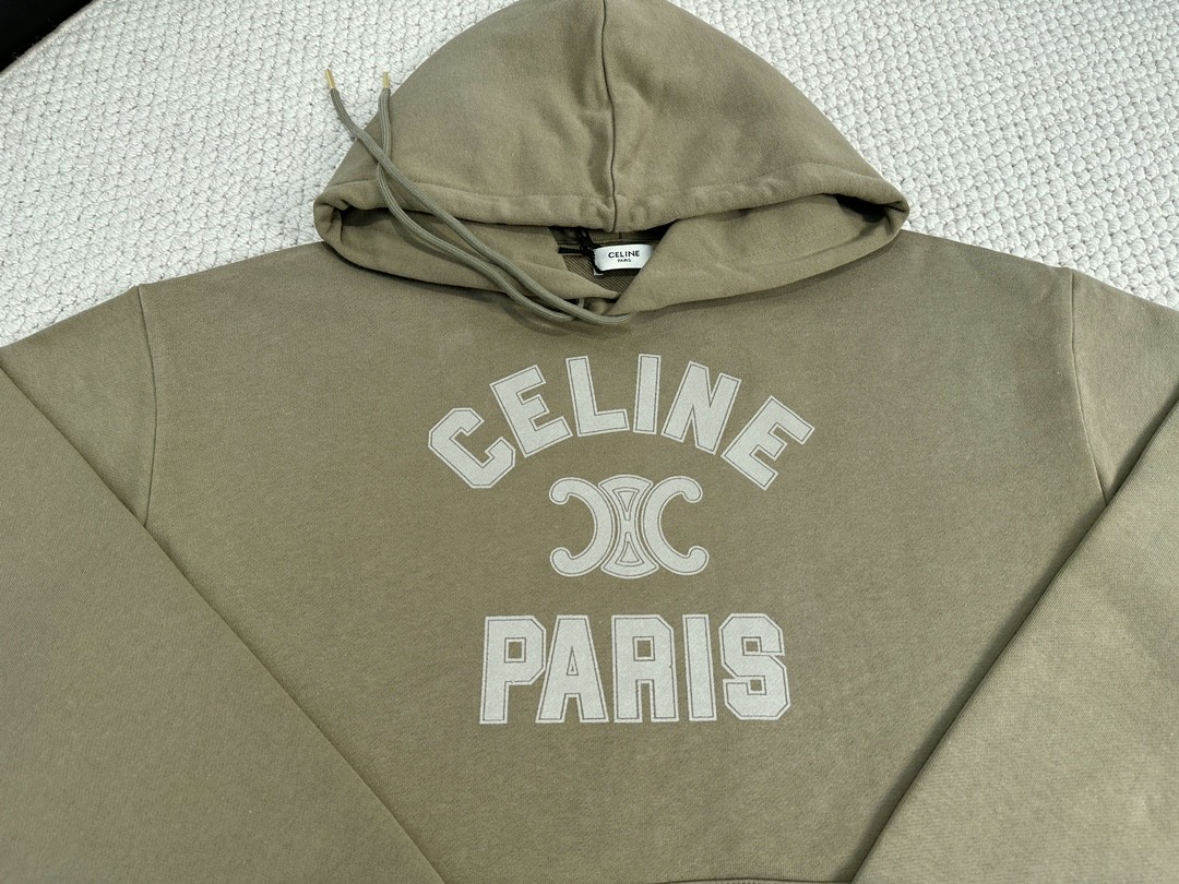 CELINE 赛琳 字母logo印花 连帽卫衣 长袖 秋冬款 男女同款 豆绿色 